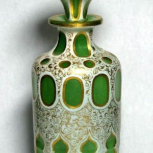 SOLD - Cased White And Green Gilded Glass Perfume Bottle c1860