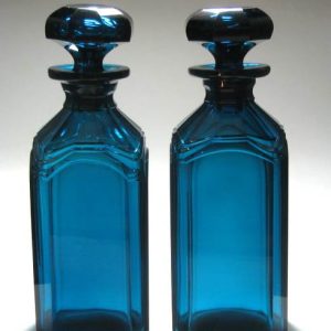 SOLD - Pair Georgian Peacock Blue Glass Decanters c1820