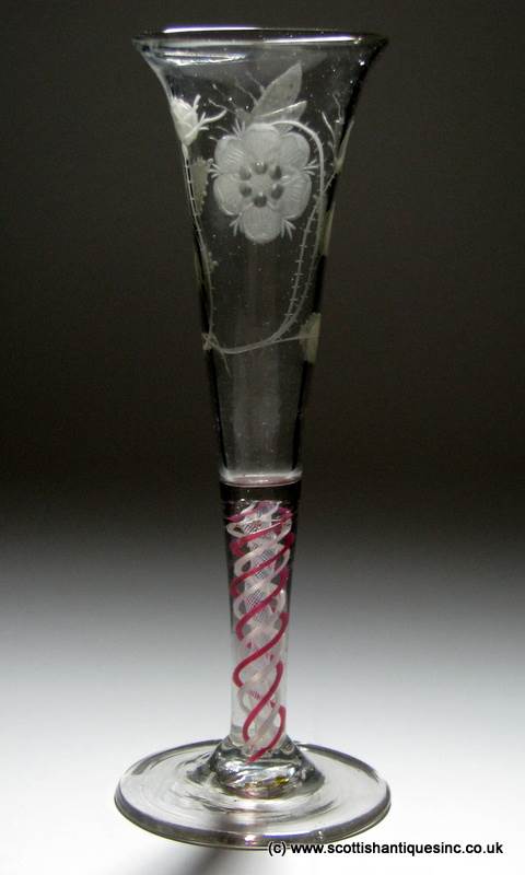 SOLD - 18th Century Jacobite Engraved Opaque Colour Twist Ale Glass