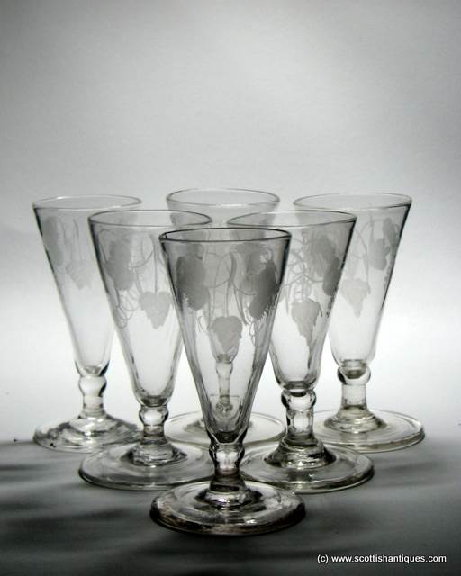 SOLD - Six 18th Century Hops & Barley Engraved Ale Glasses