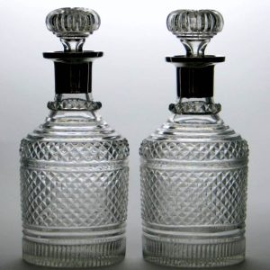 SOLD - Pair Georgain Decanters c1820 with Silver Collars c1909