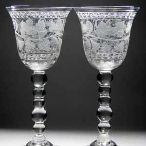 SOLD- Tall Pair of Victorian Engraved Glass Goblets c1880