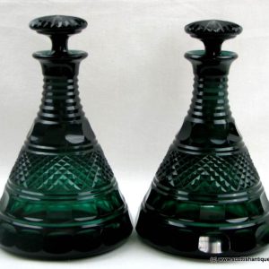 Pair Rare Victorian Green Ships Decanters c1860