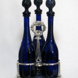 SOLD - Set of Three Victorian Decanters & Old Sheffield Plate Stand c1850