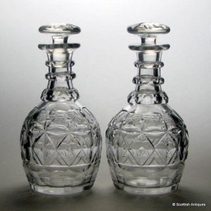 Pair Edwardian Facet Cut Glass Decanters c1920