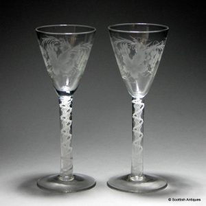 Pair Engraved Opaque Twist Wine Glasses