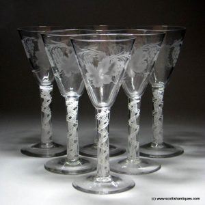 Set of Six Engraved Opaque Twist Red WIne Glasses c1930