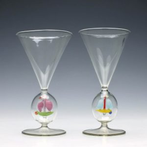 Pair of Austrian Bimini Wine Glasses with Sailing boats c1925