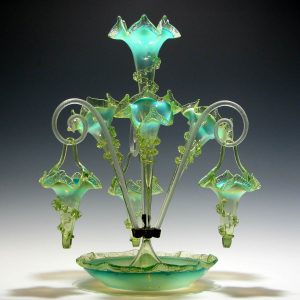 A Very Fine Four Horn Three Basket Opalescent Glass Epergne