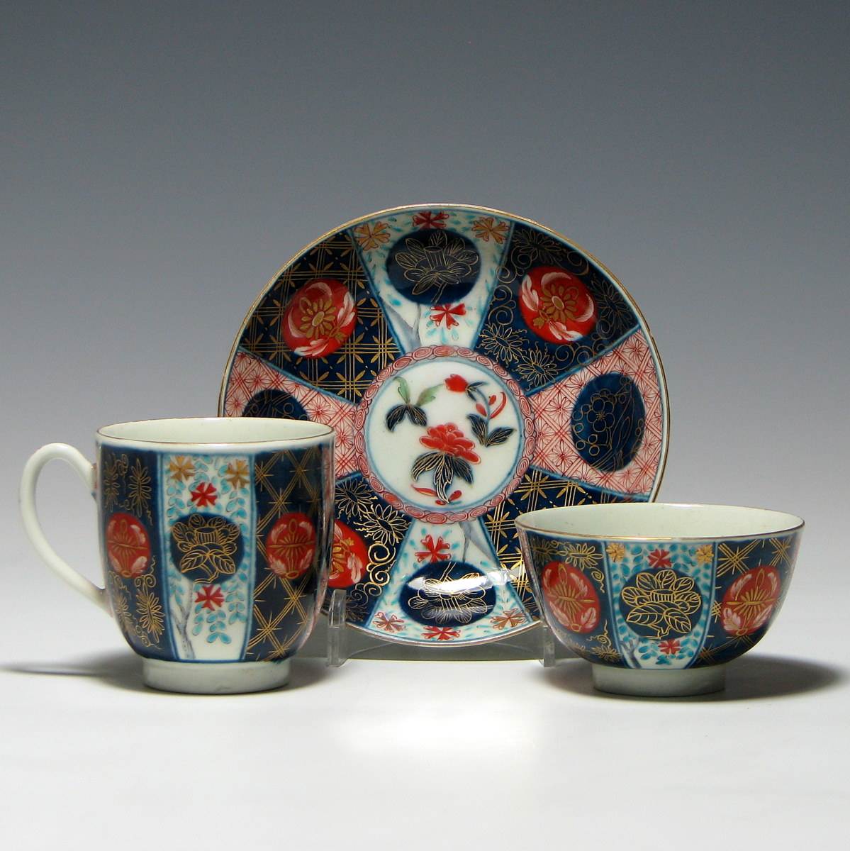 First Period Worcester 'Old Mosaic' Pattern Trio c1770