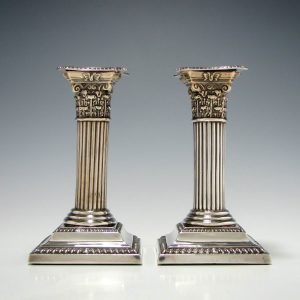 Pair Corinthian Silver Candlesticks 1901