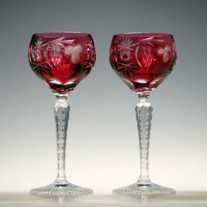Pair Nachtmann Traube Cranberry Cut and Engraved Wine Glasses