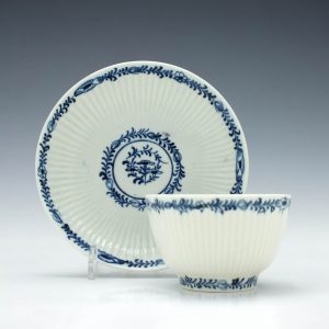Lowestoft Ribbed Flower Band Border Tea Bowl and Saucer c1770