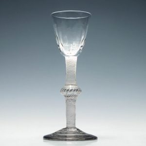 Georgian Multi Spiral Opaque Twist Wine Glass With Rib Moulded Bowl c1760