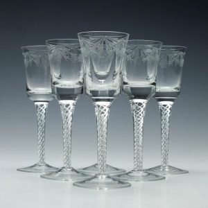 Six Engraved Edwardian Air Twist Sherry Glasses c1910