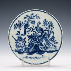 Rare Lowestoft Porcelain Peacocks and Peony Pattern Saucer c1780