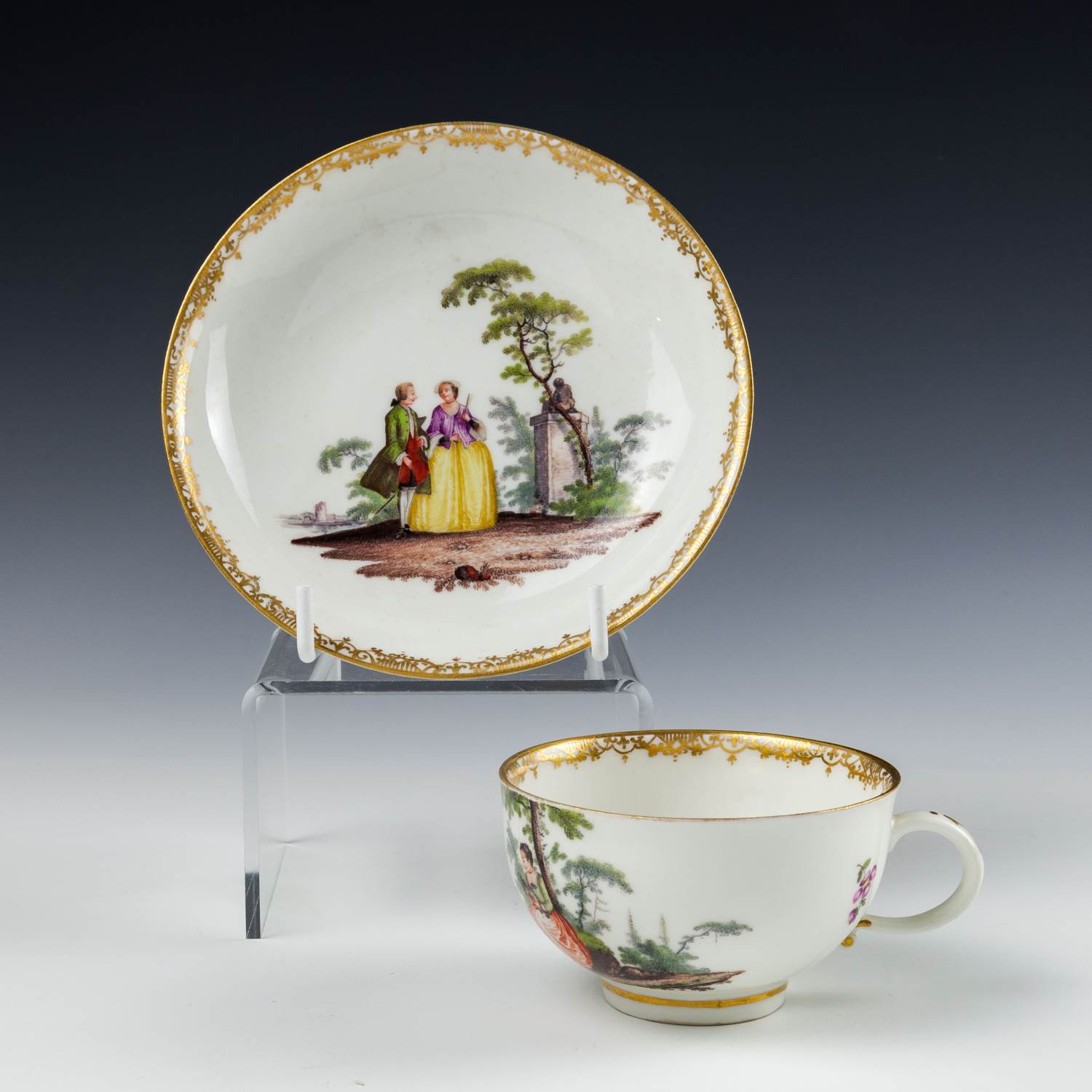 A Meissen Wattauesque Porcelain Tea Cup and Saucer c1760