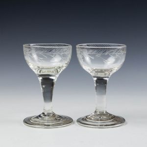 Pair Engraved Regency Gin Glasses With Folded Feet c1820