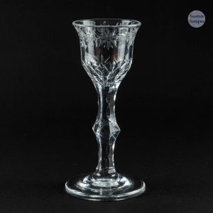 Engraved Lipped Ogee Bowl Facet Cut Stem Wine Glass c1770
