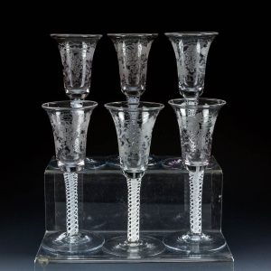 Set of Six Opaque Twist Wheel Engraved Dutch Wine Glasses c1780