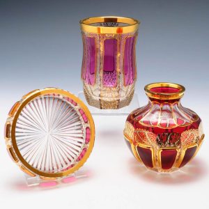 Three  Ruby and Cranberry Cabochon Panelled Vanity Glasswares c1910