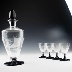 Engraved Art Deco Decanter And Four Glassses
