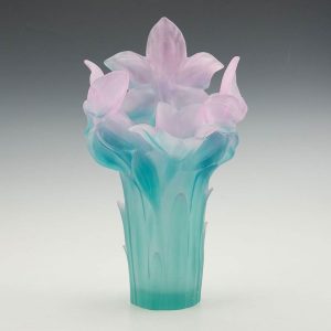 Tall Daum Pate de Verre Floral Jade Amaryllis Vase