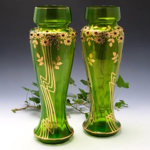 Pair Tall Harrach Glass Vase With Cabochons c1905