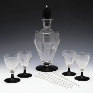 Engraved Art Deco Decanter And Four Glasses