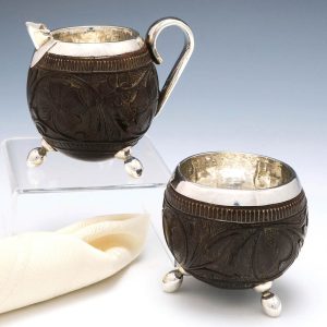 Anglo Indian Silver Mounted Coconut Cream Jug & Sugar Bowl c1900