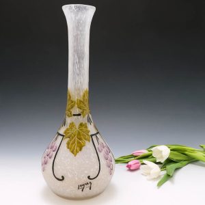 A Very Tall Legras Vase Decorated With Vines c1930