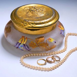 Legras Trinket Box with Orivit Gilded Pewter Cover c1910 Was £250