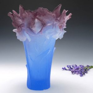Tall Daum Pate de Verre Vase Bearded Irises