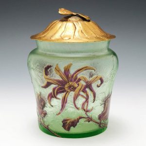 French Cameo Glass Biscuit Barrel  Ormolu Butterfly Cover c1900