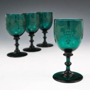 Four Engraved  Green Wine Glasses c1855