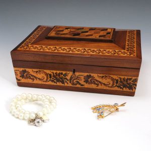 Tunbridge Ware Rosewood Sarcophagus Dressing Table Box c1875