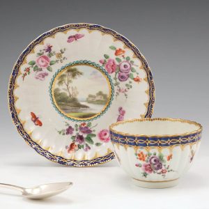 A Worcester Flight Period Porcelain 'Lord Henry Thynne' Ribbed Tea Bowl and Saucer 1785-90