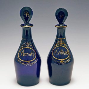 Two Early 19th Century Gilded Bristol Blue Decanters