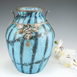 Rare Paul Daum Vase Vase with Silvered Metal Mounts and Pine Cone Appliques c1925