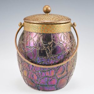 A Kralik Crackle Glass Biscuit Barrel c1930