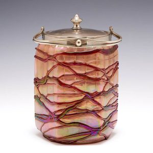 A Pallme Konig Trailed Iridescent Biscuit Barrel c1900