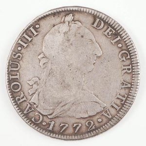 Charles III Silver Eight Reales (Piece of Eight) 1772, Mexico Mint FM (Inverted)