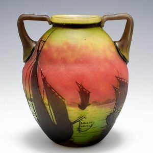 A Daum Twin Handled Cameo Glass Vase of Sailboats at Sunset c1910