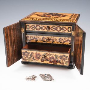 Tunbridge Ware Three Drawer Jewellery Cabinet with Floral Berlin Woolwork Design c1870