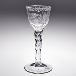 A Jacobite Sympathy Facet Cut Stem Wine Glass c1770