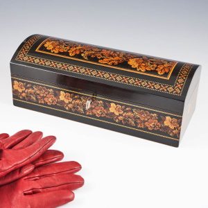 A Tunbridge Ware Coromandel Glovebox with Mosaic depicting Oak Leaves c1870