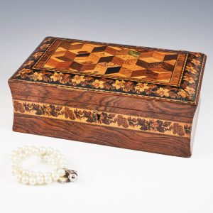 A Tunbridge Ware Pillow-topped Jewellery or Sewing Box with Perspective Cube Pattern c1850