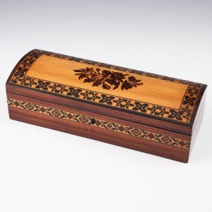 A Tunbridge Ware Glovebox with Rounded, flat-ended lid and Berlin Wool-work Mosaics c1840