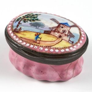 Bilston Enamel Patch Box with Rural Windmill Scene c.1770