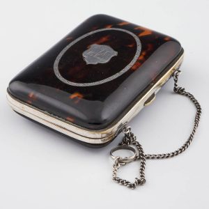 French Tortoiseshell Silver Piquework Coin Purse on Chain c1850